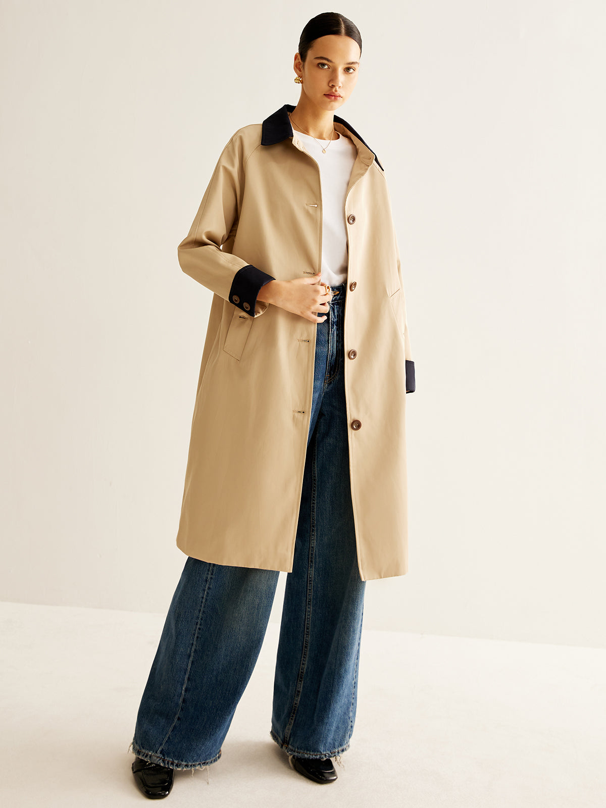 Trench Coat Monopetto | Collo a Contrasto | Lunghezza Media