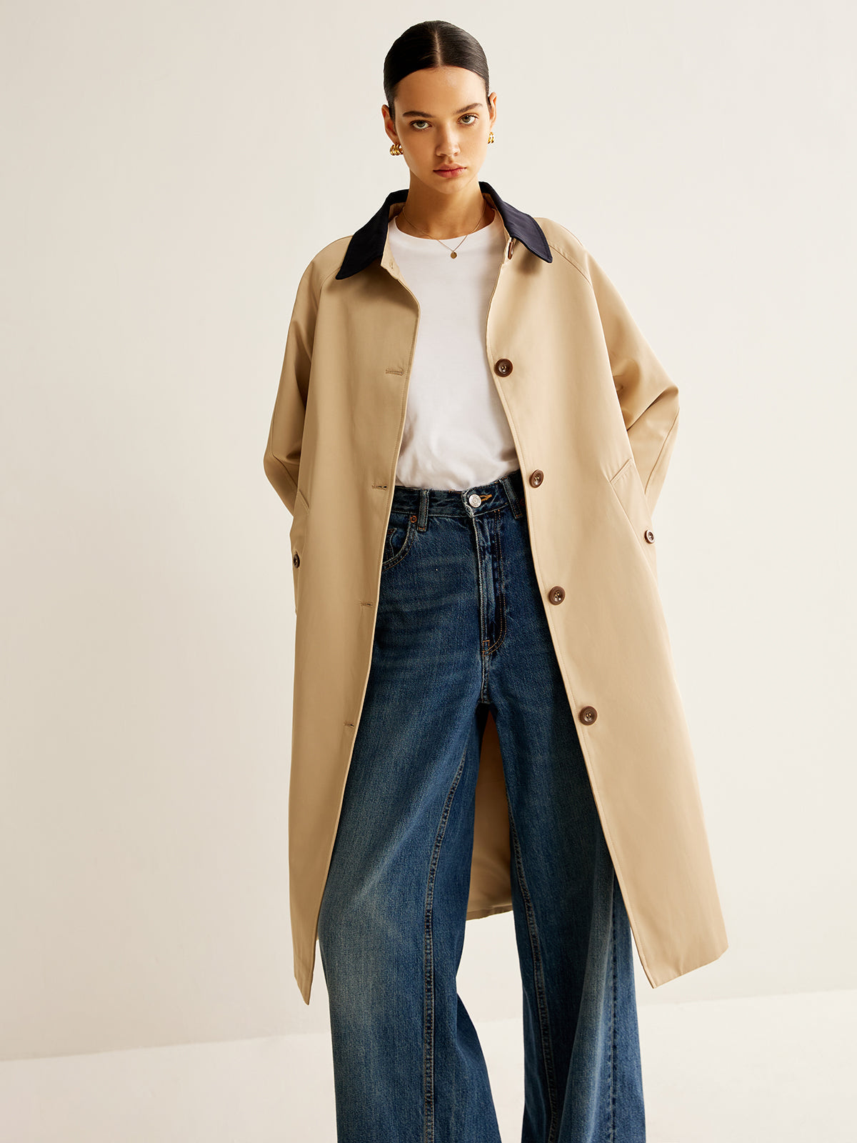 Trench Coat Monopetto | Collo a Contrasto | Lunghezza Media