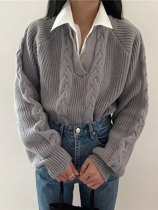 Maglione cable knit con collo ribassato e scollo a V