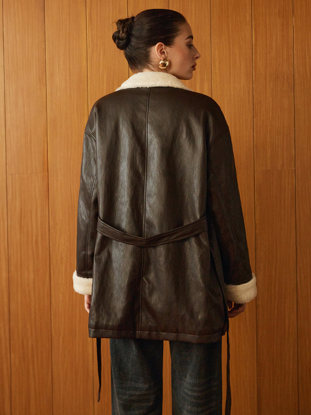 Cappotto Aviatore in Pelle Sintetica | Fodera in Shearling | Cintura