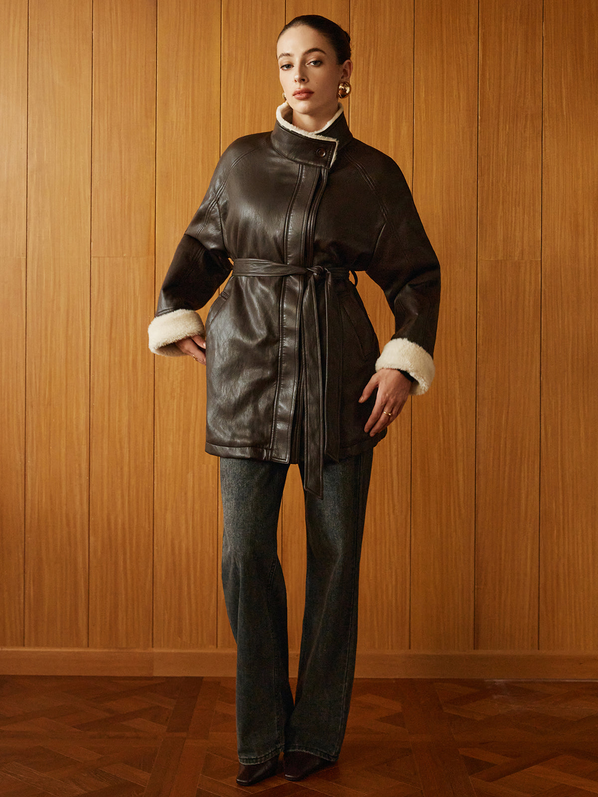 Cappotto Aviatore in Pelle Sintetica | Fodera in Shearling | Cintura