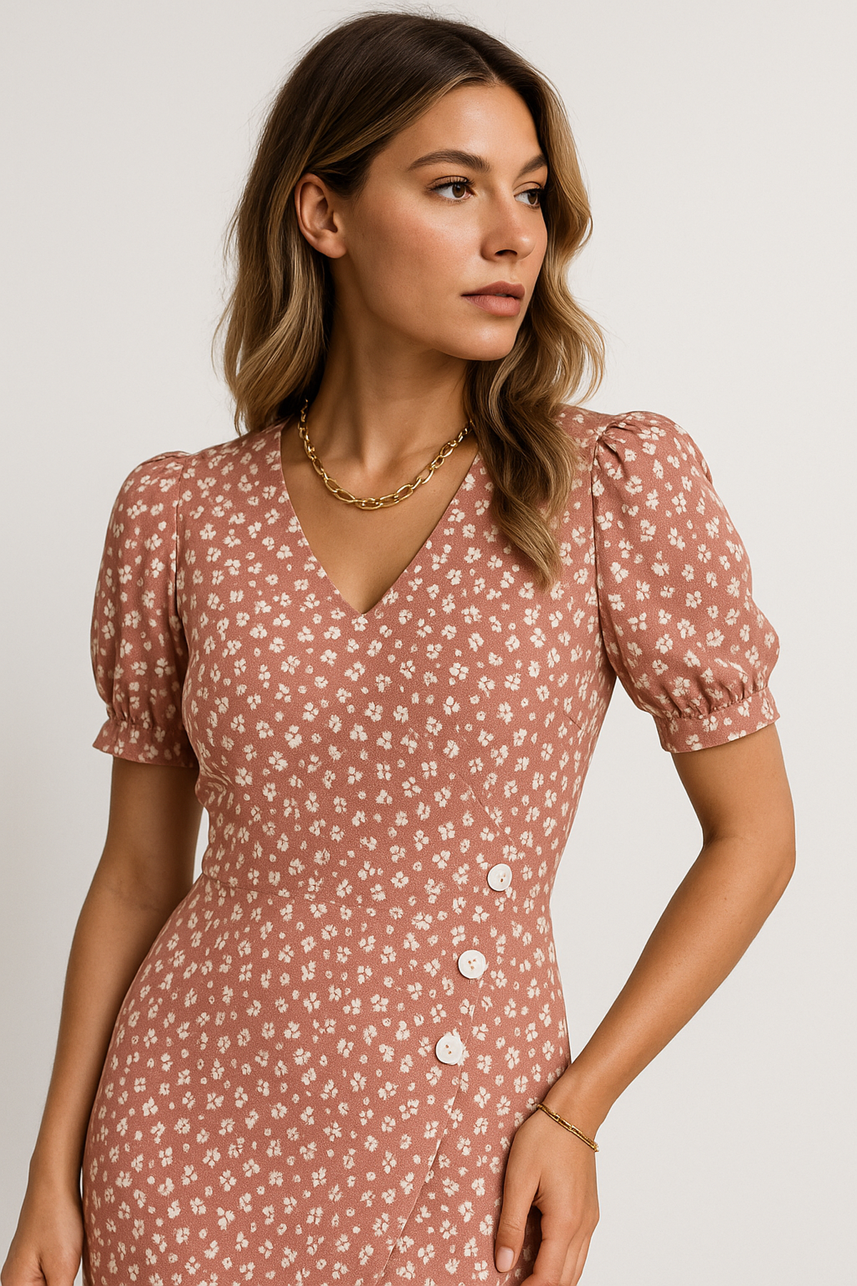 Abito Midi V-Neck Essenza | Maniche Puff | Dettaglio Incrociato