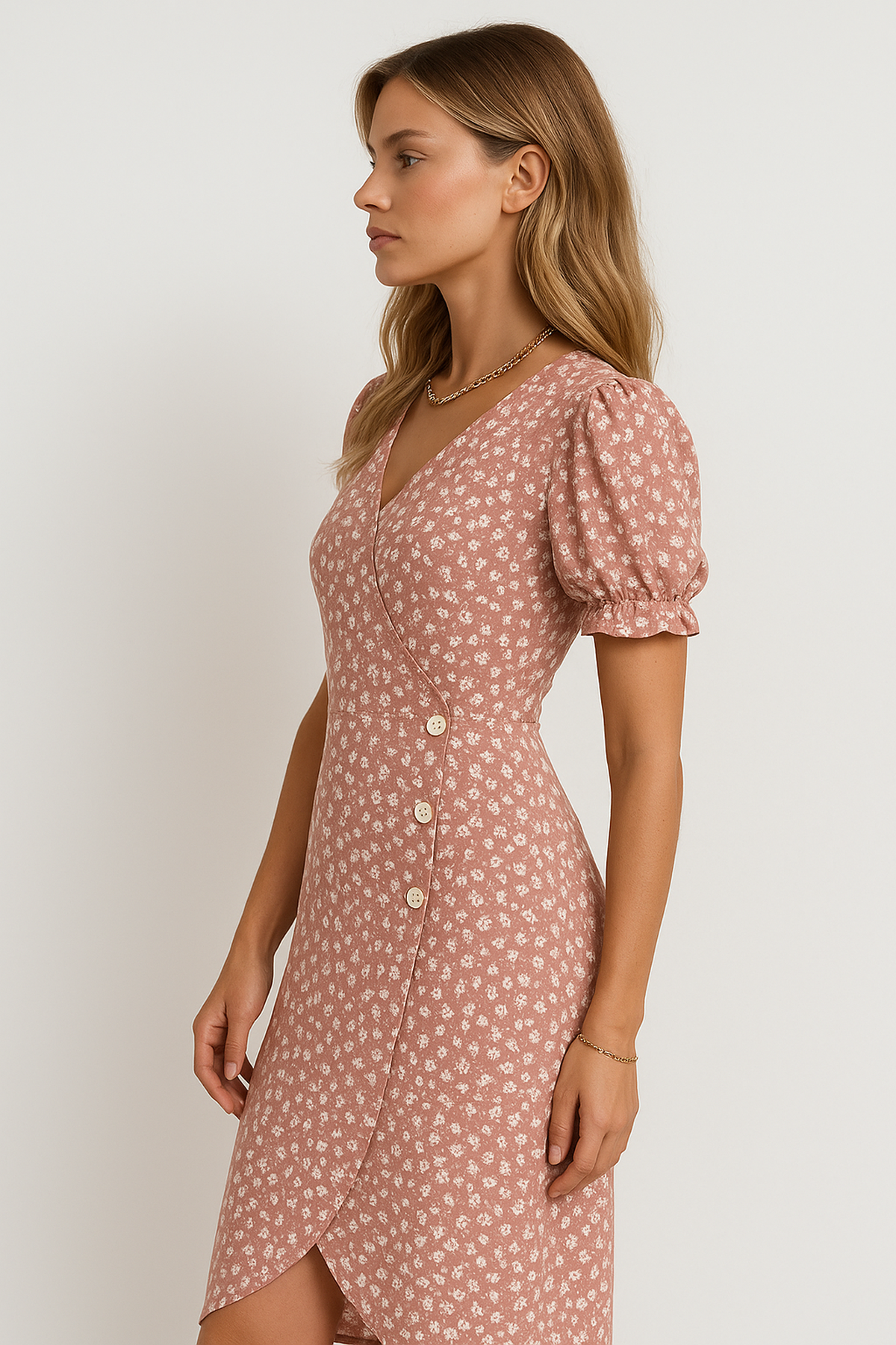 Abito Midi V-Neck Essenza | Maniche Puff | Dettaglio Incrociato