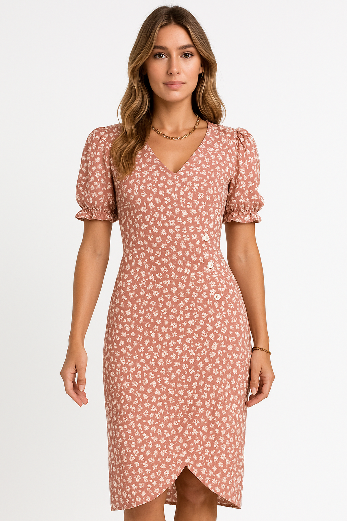 Abito Midi V-Neck Essenza | Maniche Puff | Dettaglio Incrociato