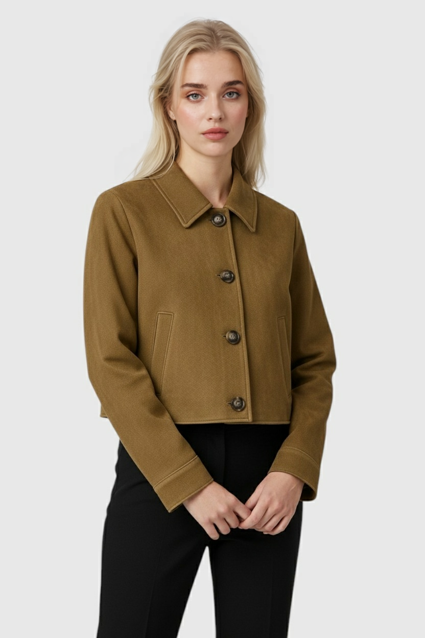 Giacca cropped effetto suede con bottoni e collo ribassato