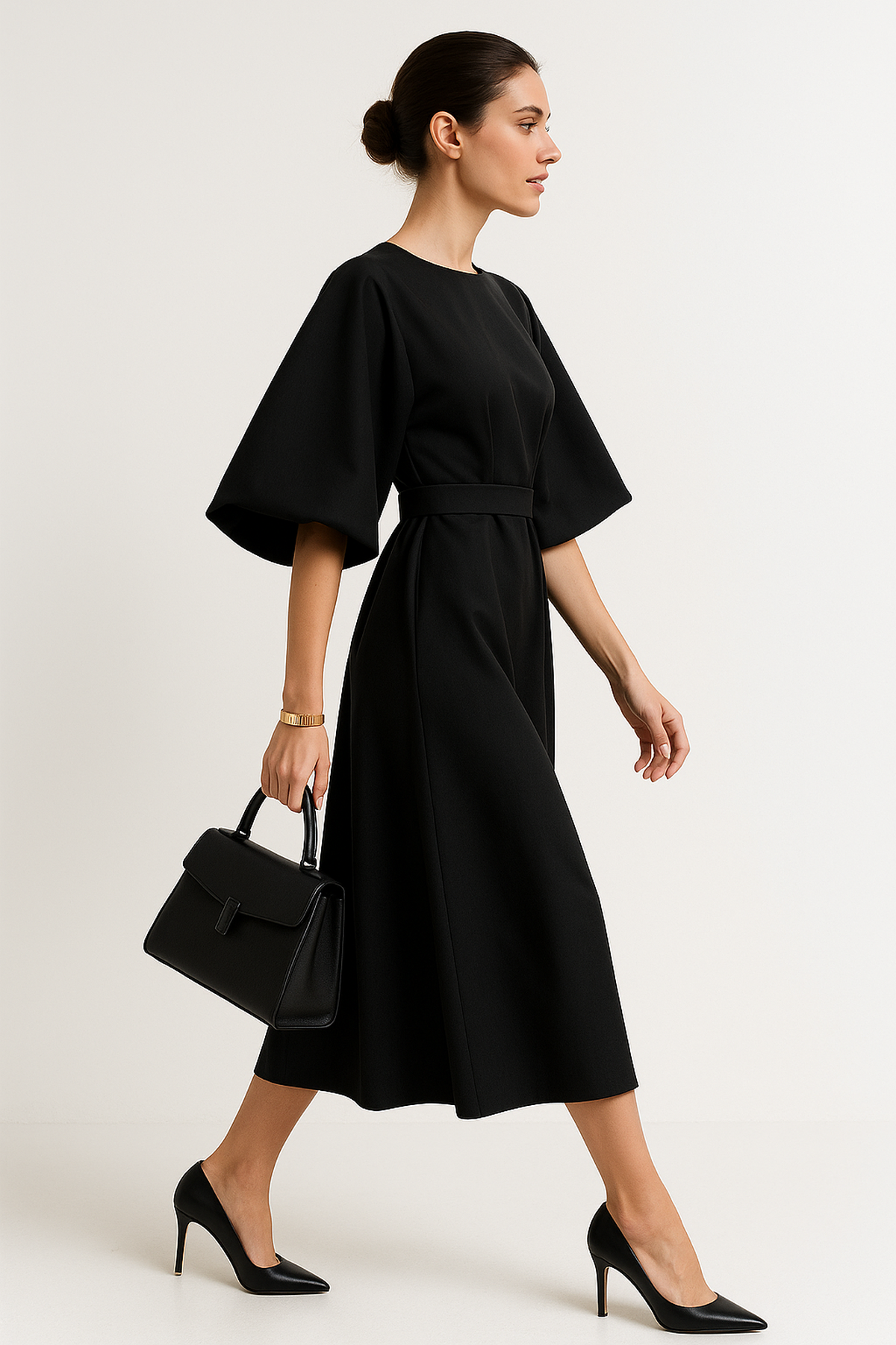 Abito Midi a Manica Batwing | Silhouette A-Line con Cintura