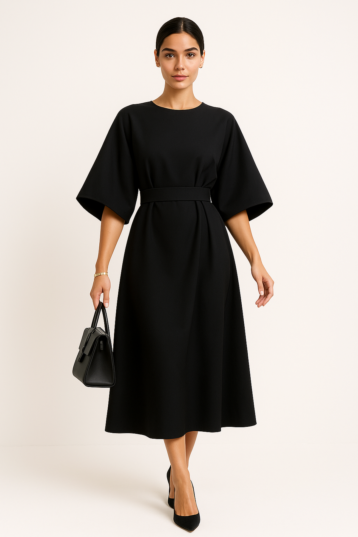 Abito Midi a Manica Batwing | Silhouette A-Line con Cintura