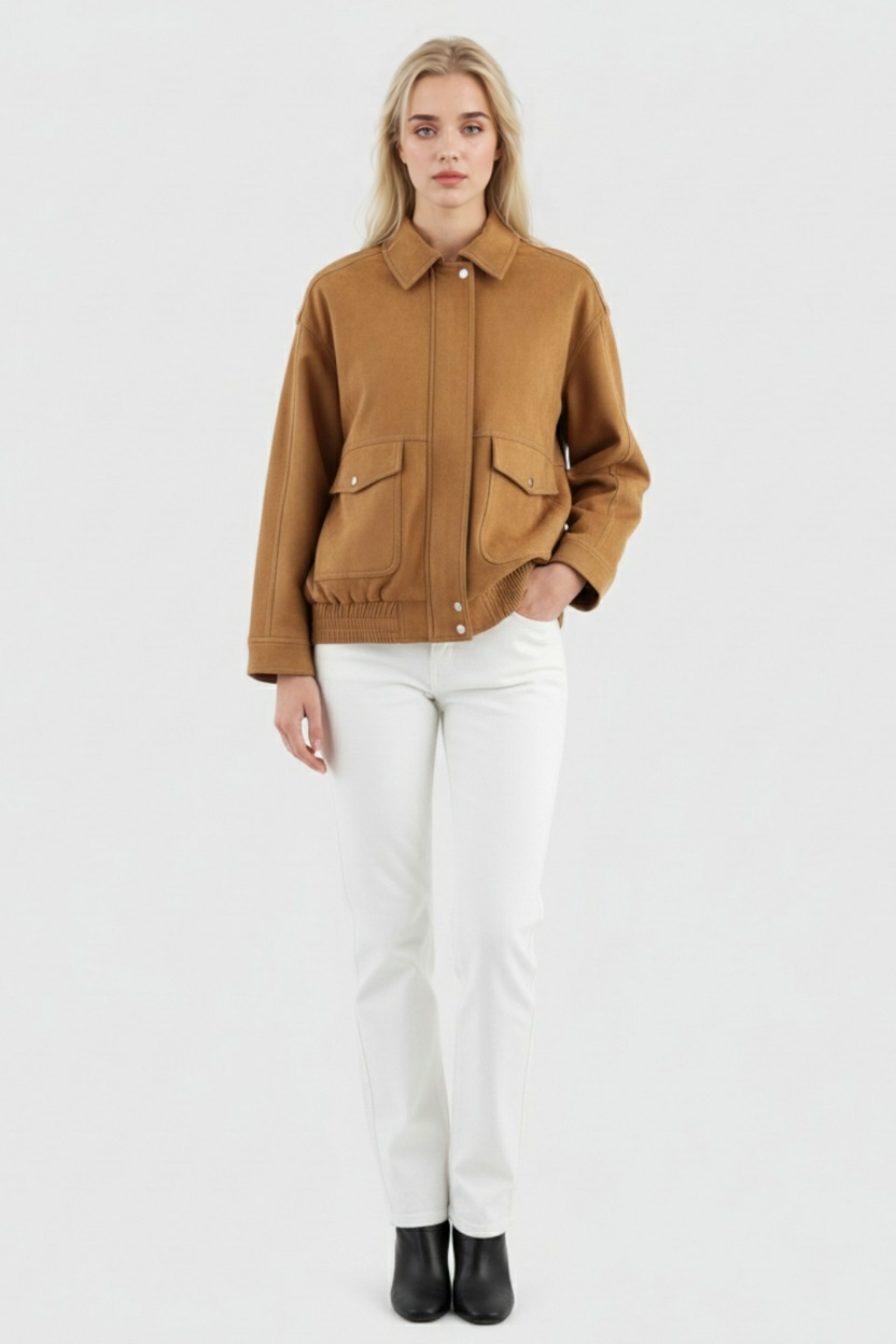 Giacca Bomber Cropped Effetto Suede | Zip Front | Relaxed Fit