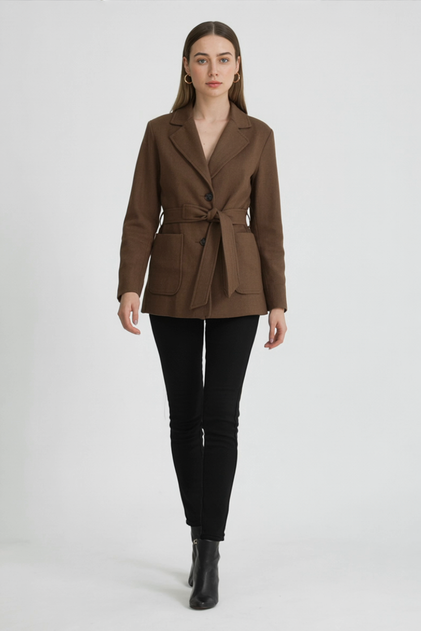 Giacca in Pelle Scamosciata con Cintura | Collo a Revers, Tasche a Patch, Vestibilità Regular