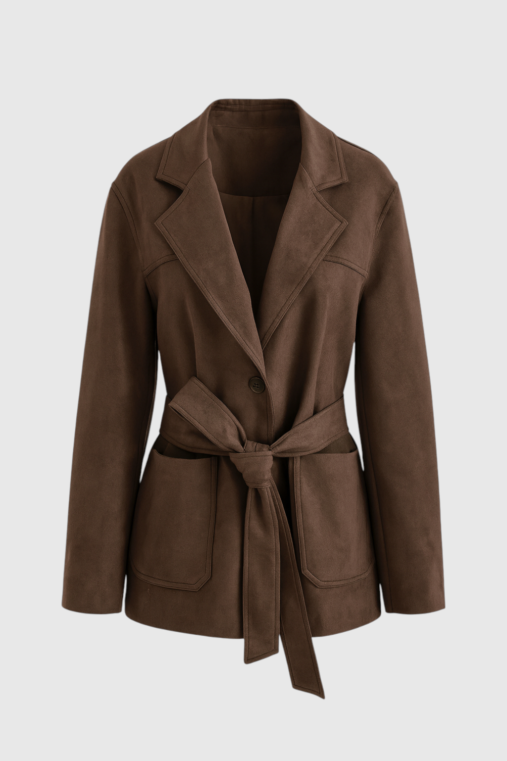Giacca in Pelle Scamosciata con Cintura | Collo a Revers, Tasche a Patch, Vestibilità Regular