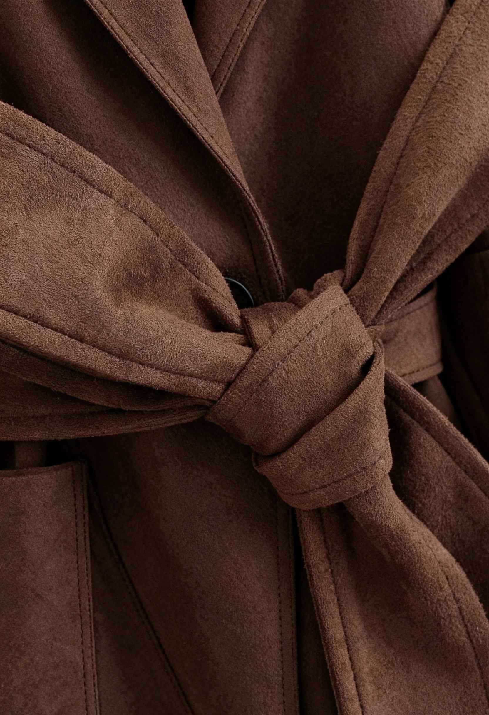 Giacca in Pelle Scamosciata con Cintura | Collo a Revers, Tasche a Patch, Vestibilità Regular