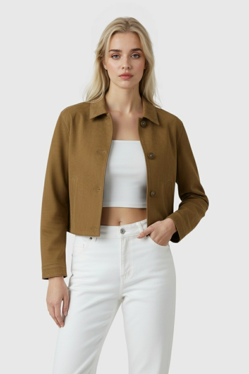 Giacca Cropped Effetto Suede | Bottoni, Collo a Punta