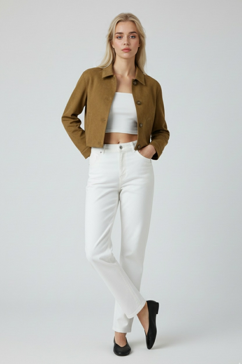 Giacca Cropped Effetto Suede | Bottoni, Collo a Punta