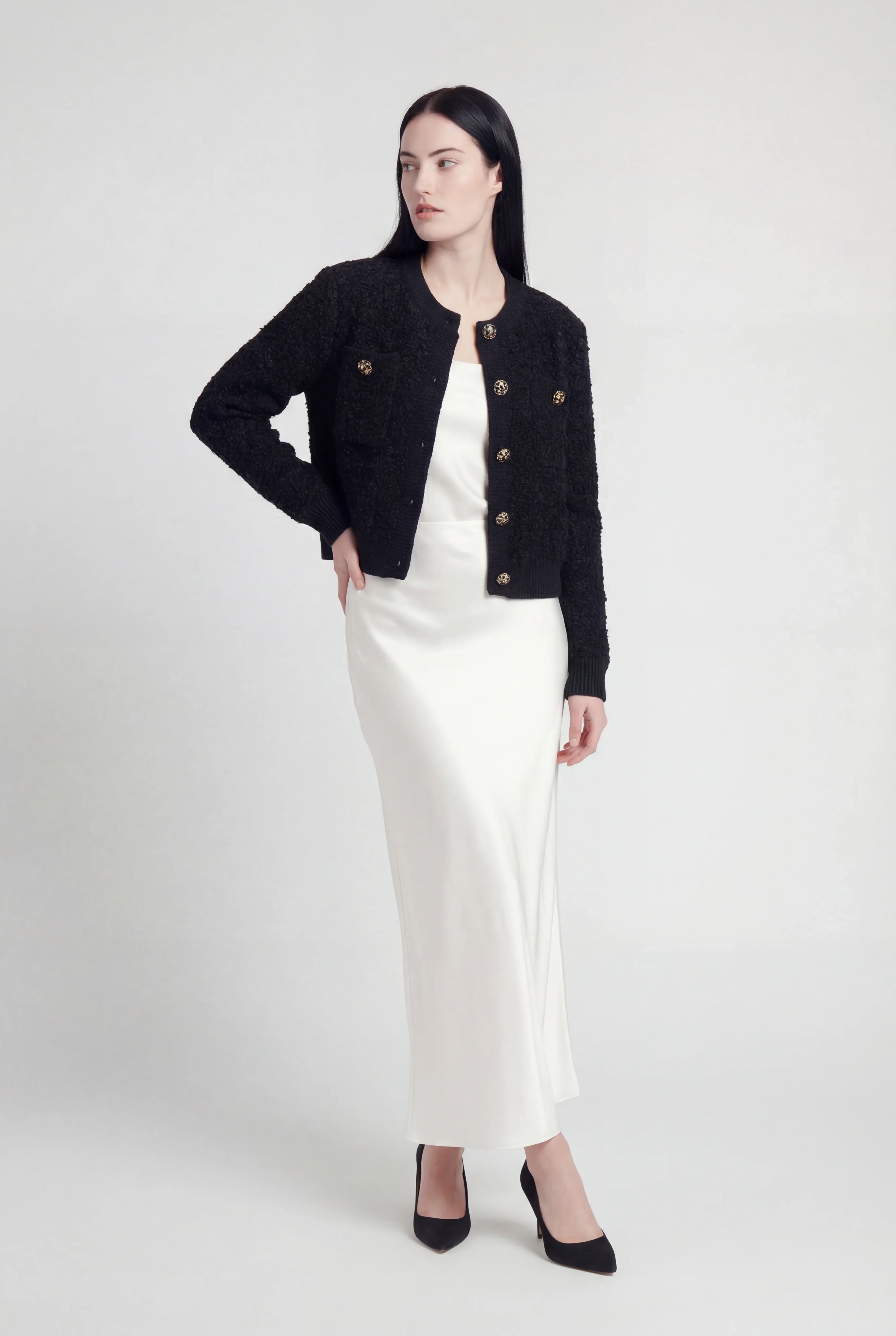 Cardigan Essenza in maglia tessuta con bottoni gioiello e scollo tondo
