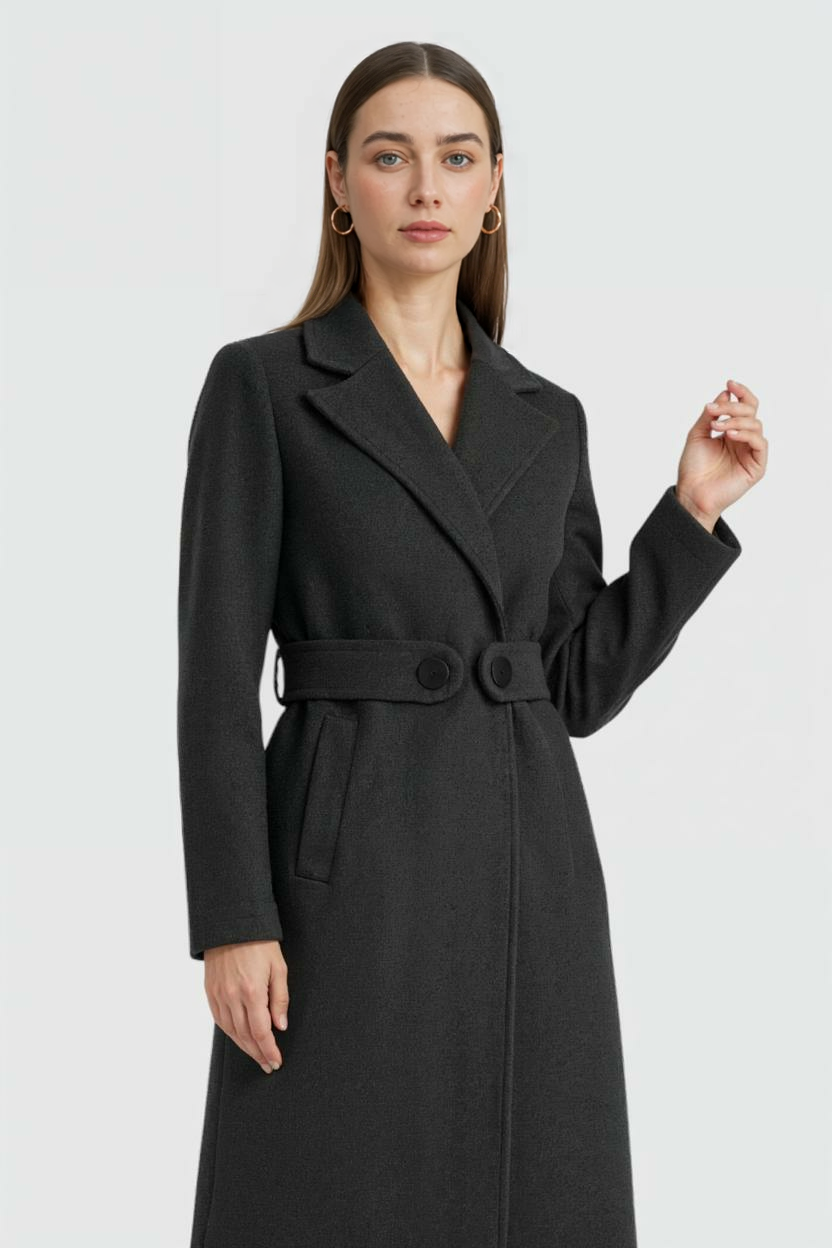 Cappotto Lungo con Cintura | Scollo a V, Patta con Bottoni, Slim Fit