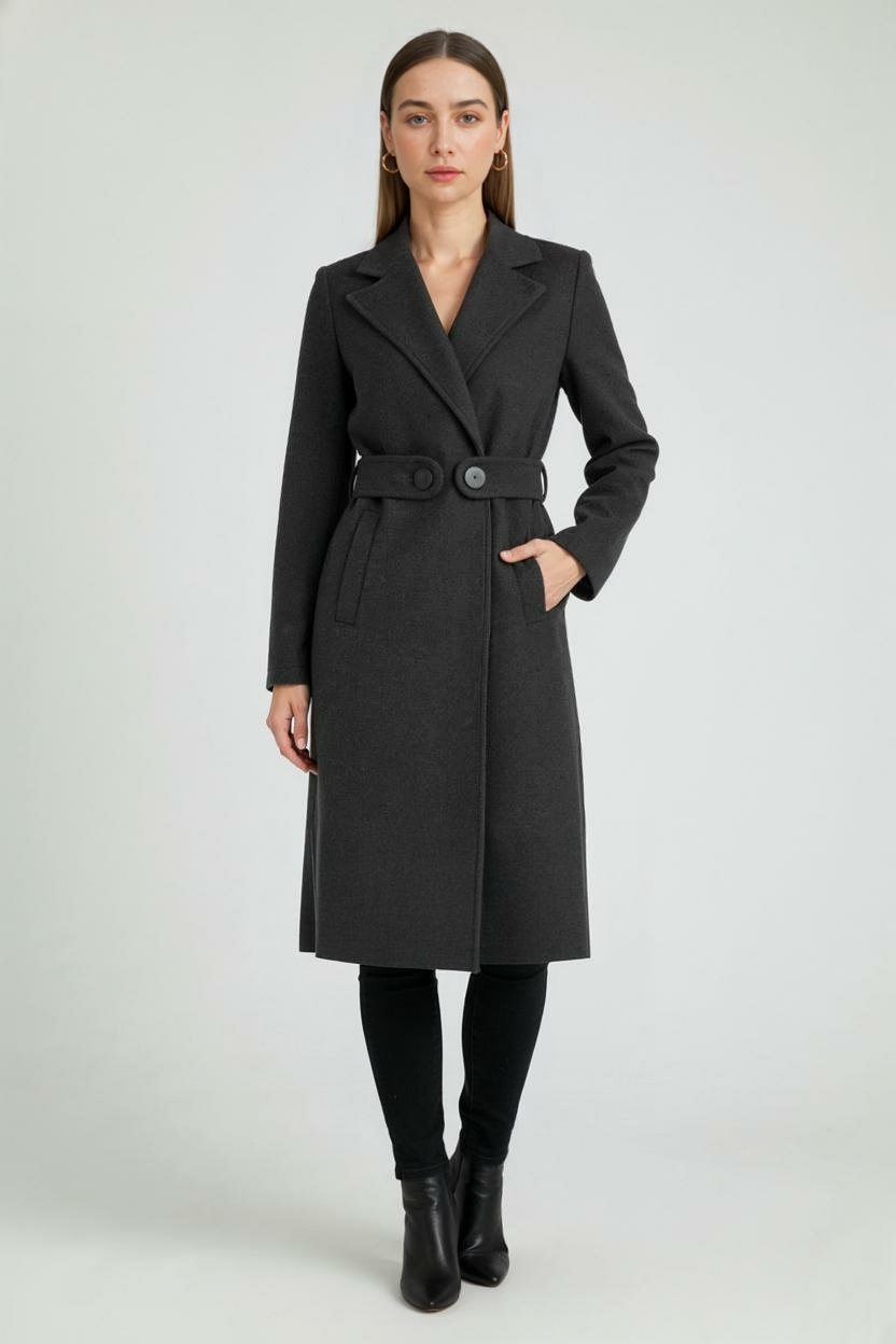 Cappotto Lungo con Cintura | Scollo a V, Patta con Bottoni, Slim Fit