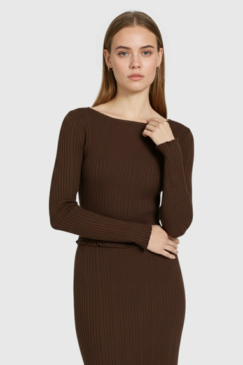 Set Top Rib Knit e Gonna Maxi | Slim Fit | Manica Lunga