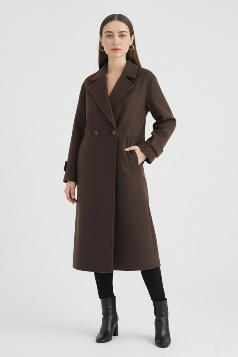 Cappotto lungo doppio petto con collo scollo