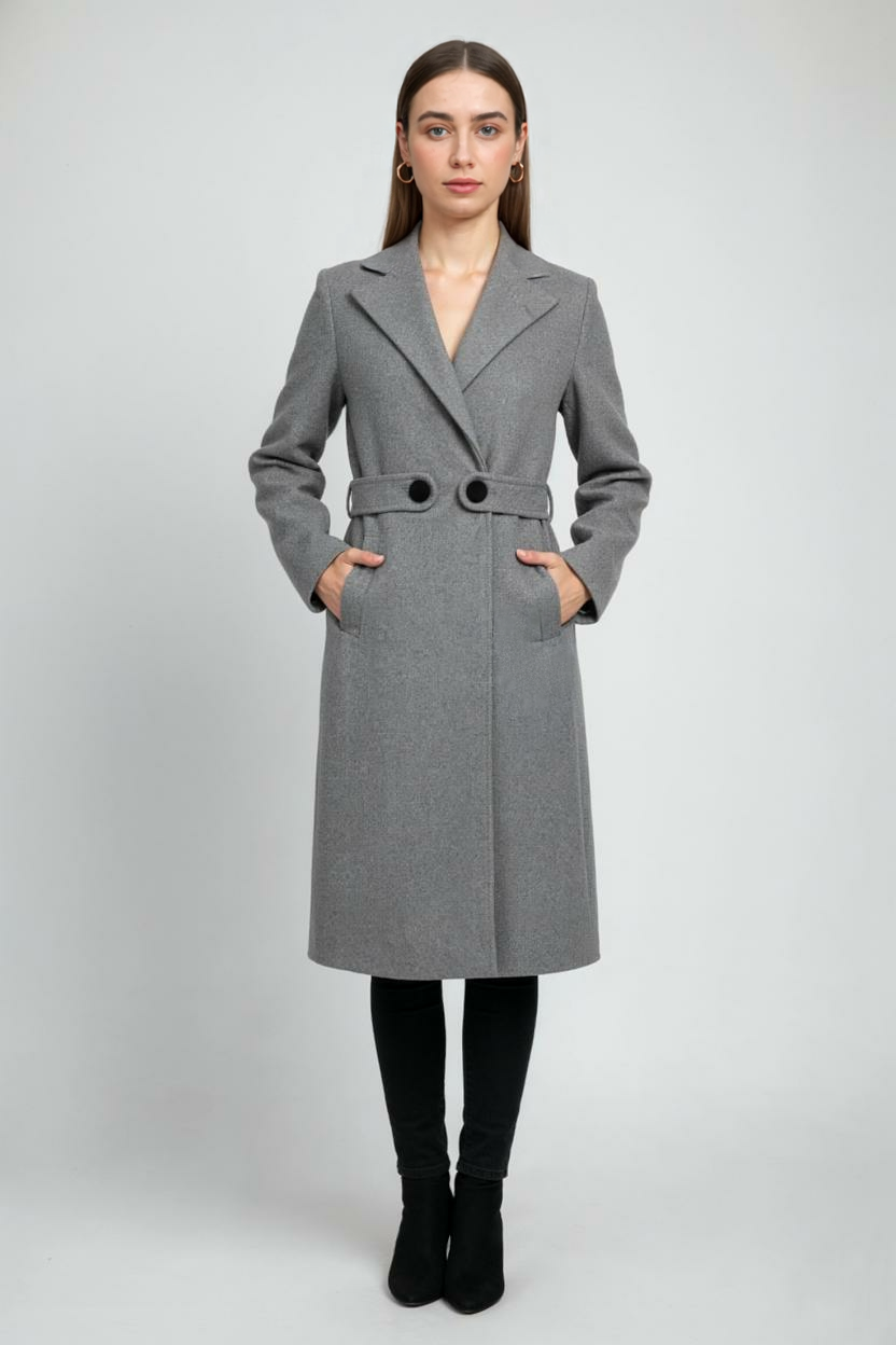 Cappotto Lungo con Cintura | Collo a Revers, Bottoni, Slim Fit