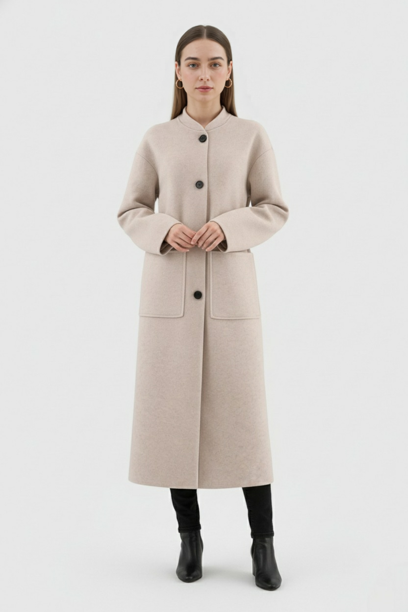 Cappotto Lungo Beltato Senza Collo | Bottoni Singoli, Tasche a Patch, Fit Largo