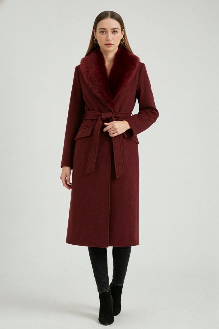 Cappotto Lungo con Collo in Faux Fur | Belted Single Breasted