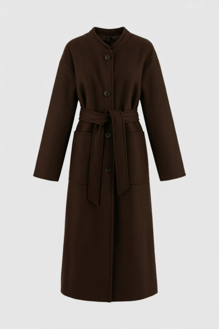Cappotto Lungo Beltato Senza Collo | Unico Bottoni, Tasche a Patch