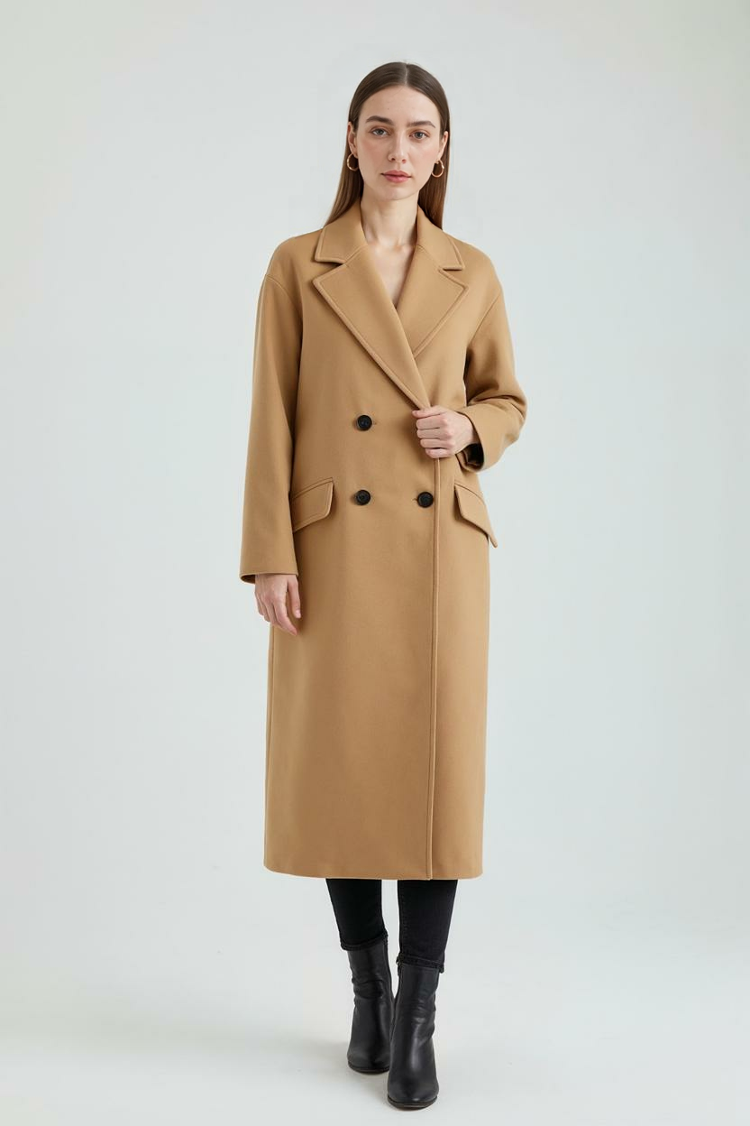 Cappotto Lungo Doppio Petto | Collo Revers, Tasche a Fazzoletto, Fit Largo