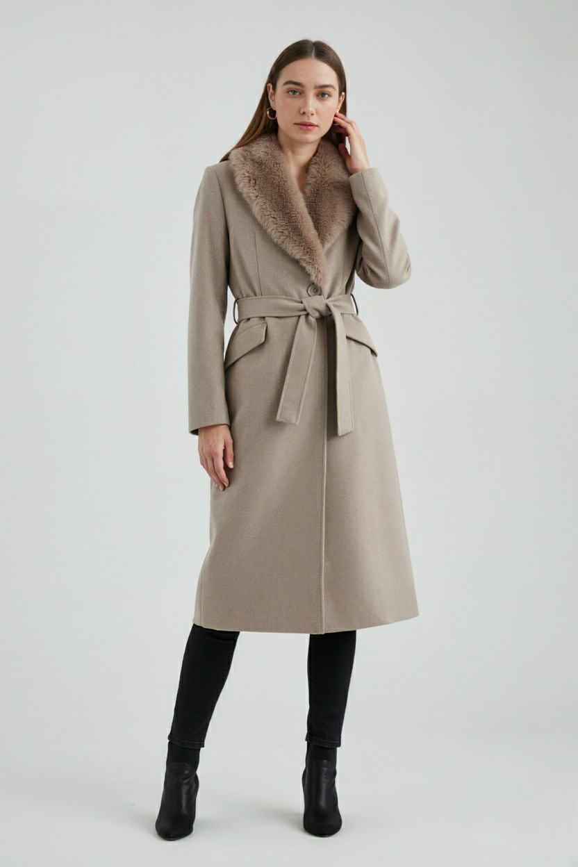 Cappotto Lungo Collo Finta Pelliccia | Vita Cinturata, Bottone Singolo