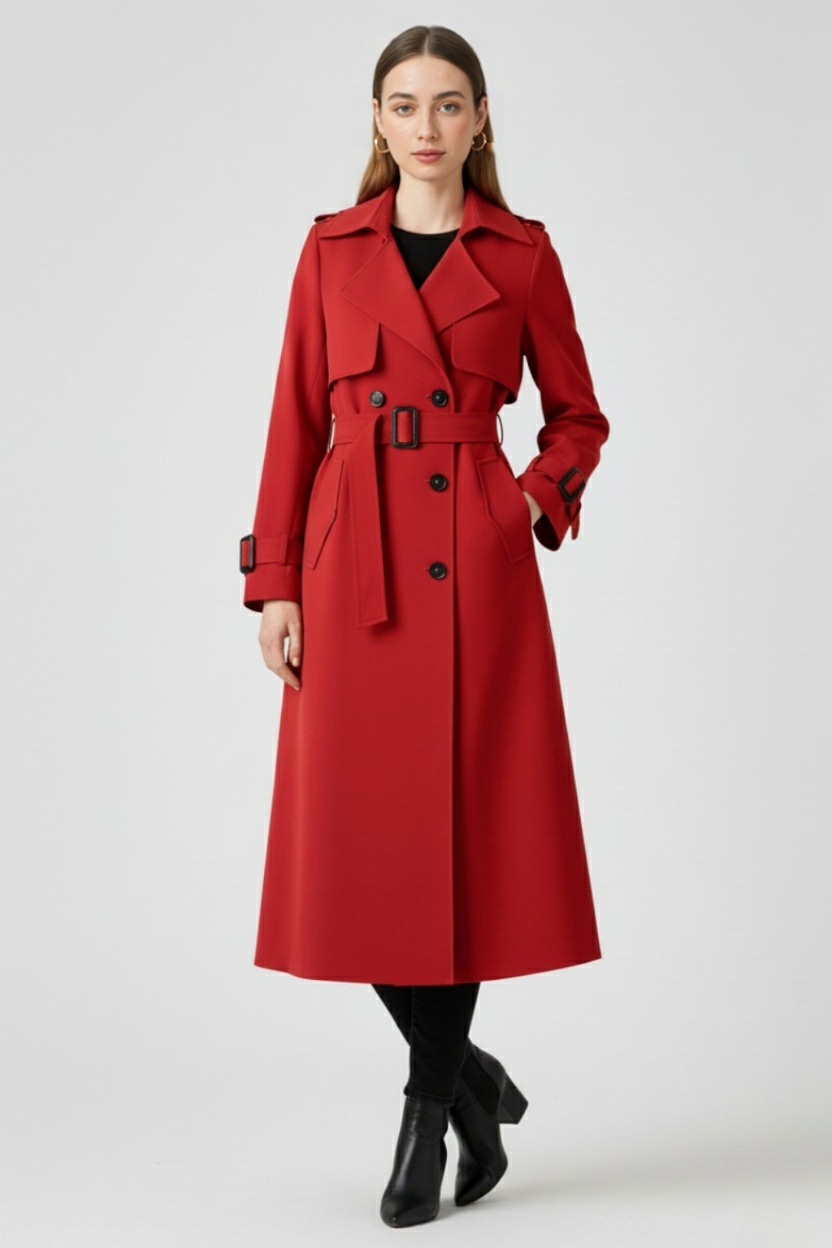 Trench coat lungo doppio petto con cintura e dettagli epauletta