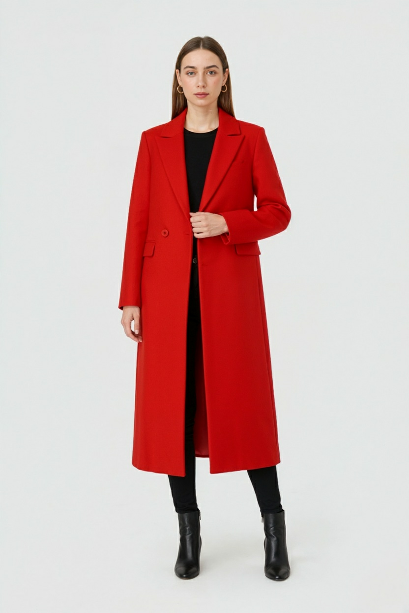 Cappotto lungo doppio petto rosso con collo abbattuto e maniche lunghe