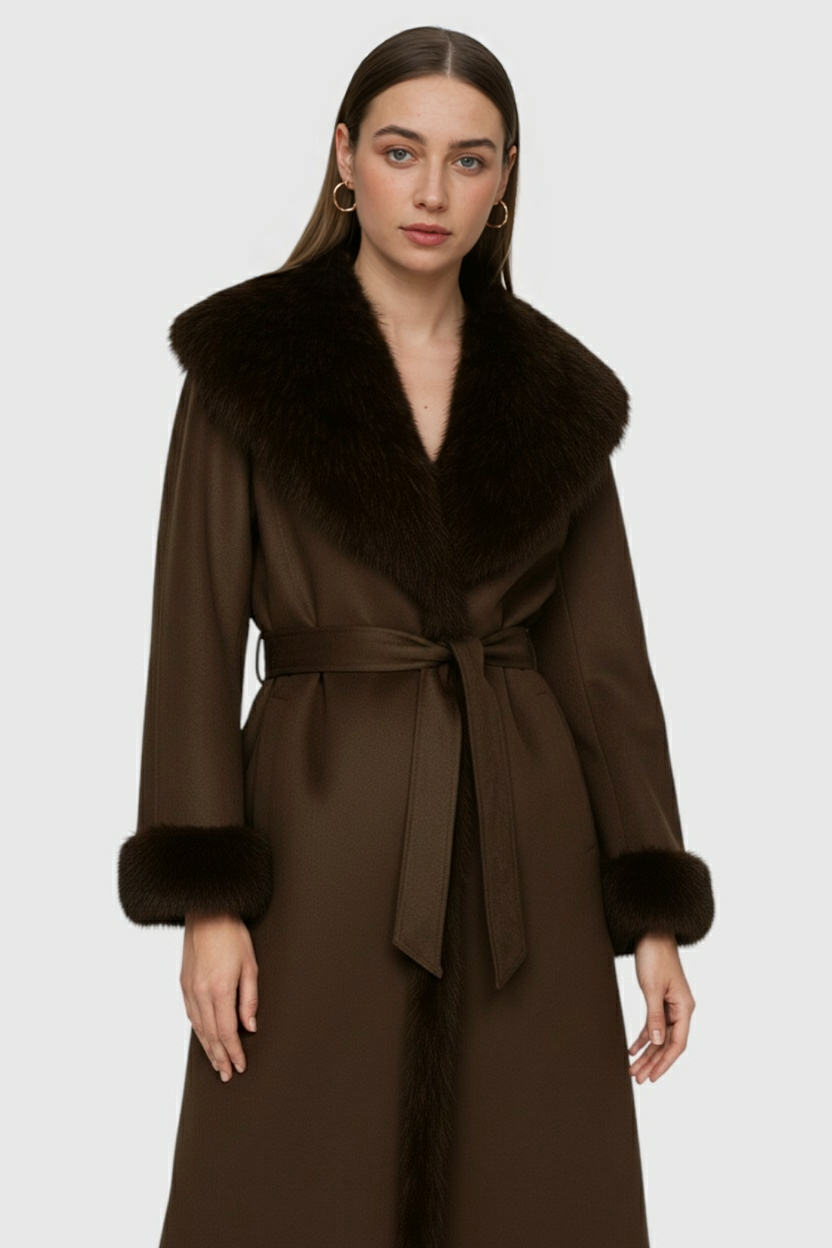 Cappotto Lungo con Cintura | Collo in Pelliccia Finta | Chiusura Avvolgente