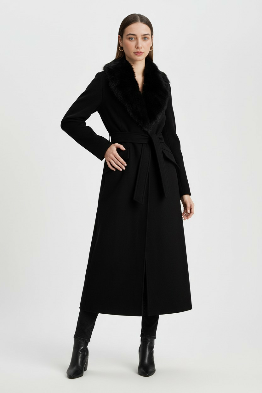 Cappotto lungo con collo in pelliccia sintetica