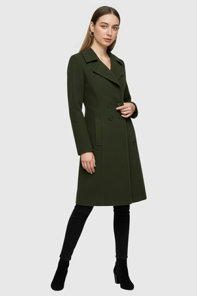 Cappotto lungo doppio petto con collo revers e bottoni frontali