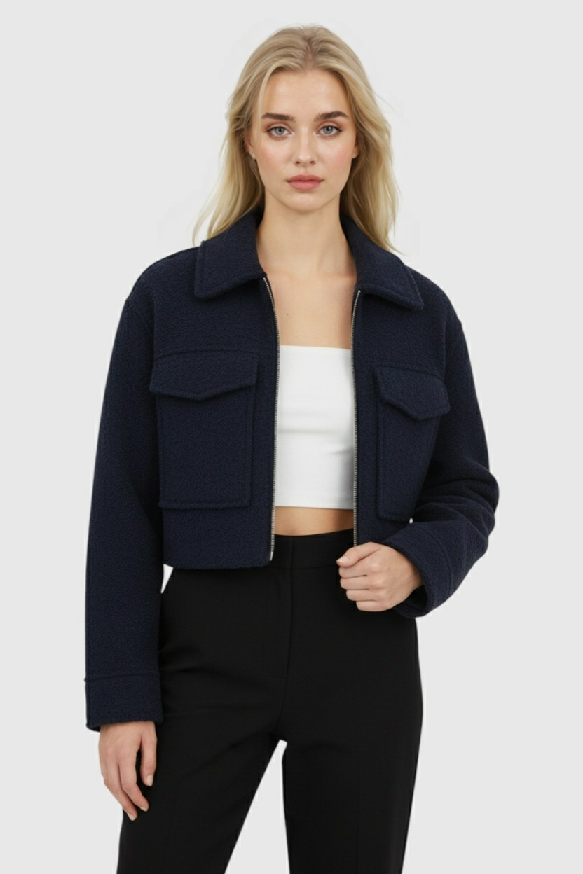 Giacca Zip Tessuta | Collo alla Collare, Cropped Fit, Dettaglio Tasca