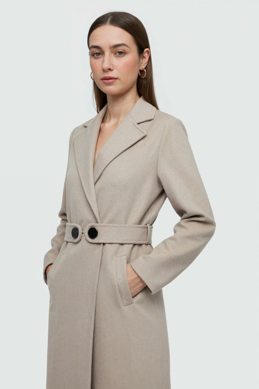 Cappotto Lungo Effetto Lana | Collo a Revers, Bottoni in Vita