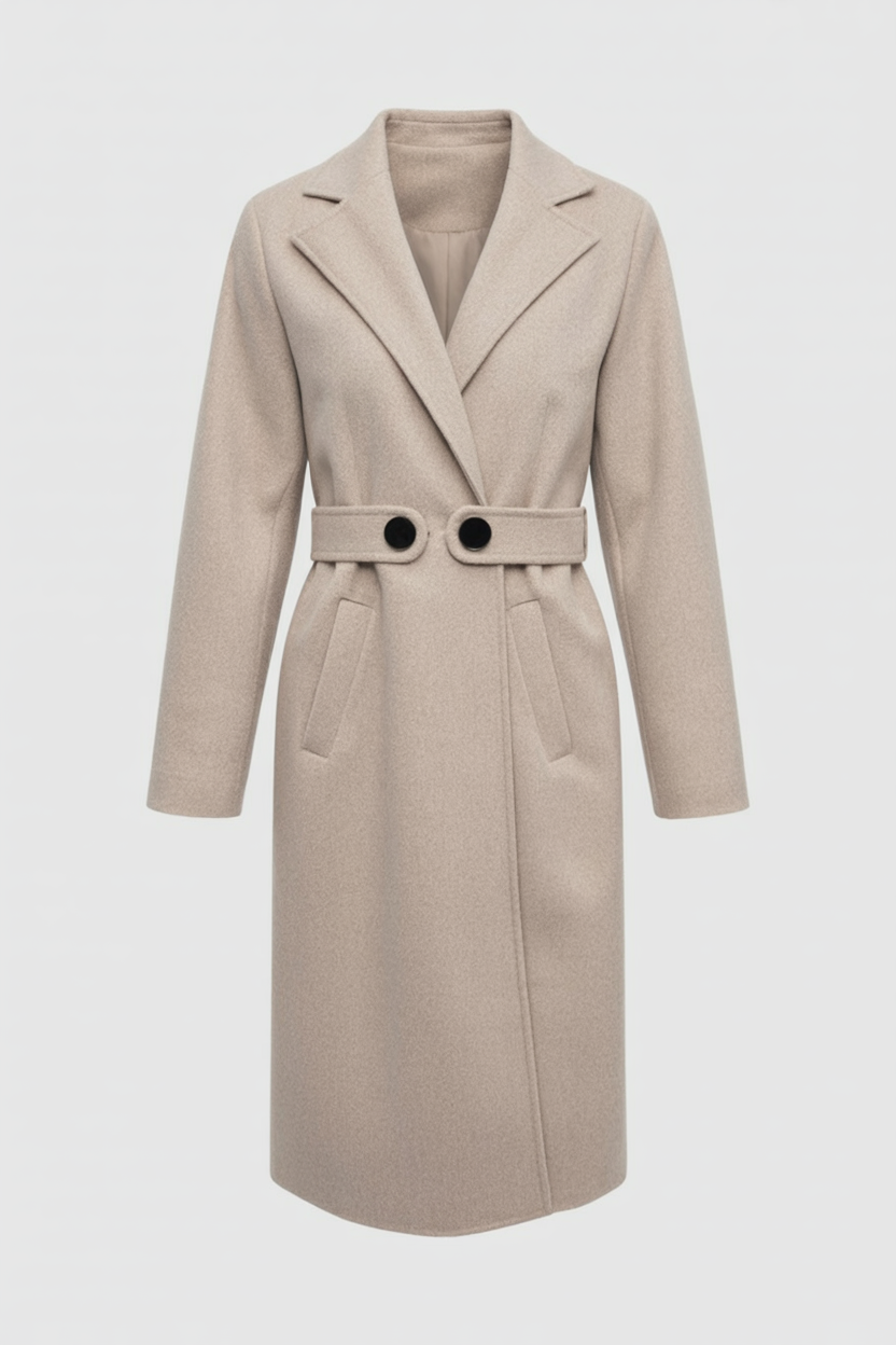 Cappotto Lungo Effetto Lana | Collo a Revers, Bottoni in Vita