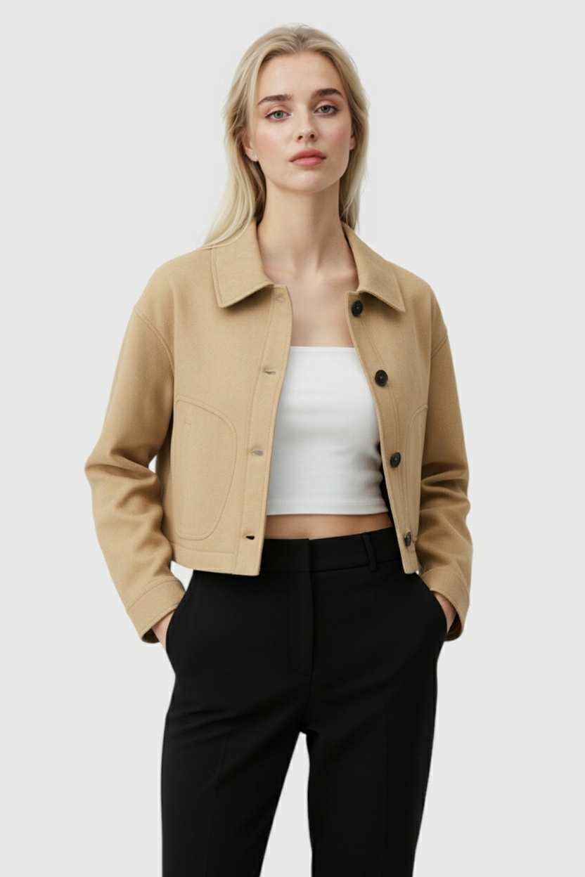 Giacca Cropped Effetto Suede | Bottoni Frontali | Collo Ribassato