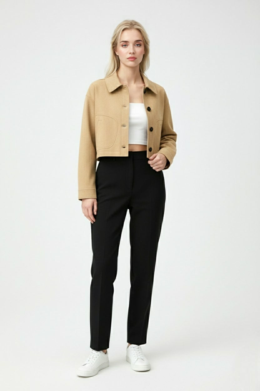 Giacca Cropped Effetto Suede | Bottoni Frontali | Collo Ribassato