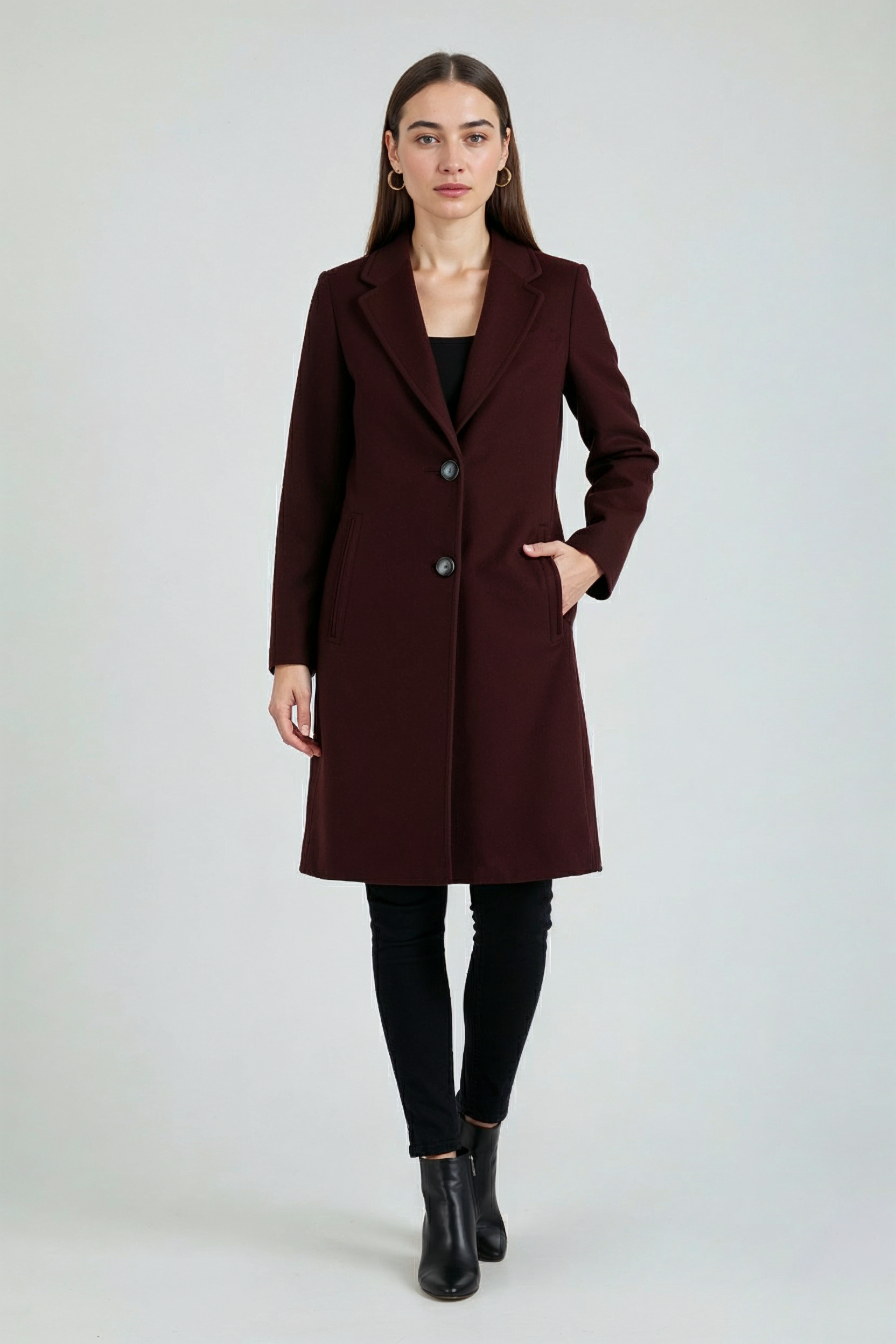 Cappotto Lungo Collo Scollo a V | Bottoni Frontali, Fit Regolare, Lungo