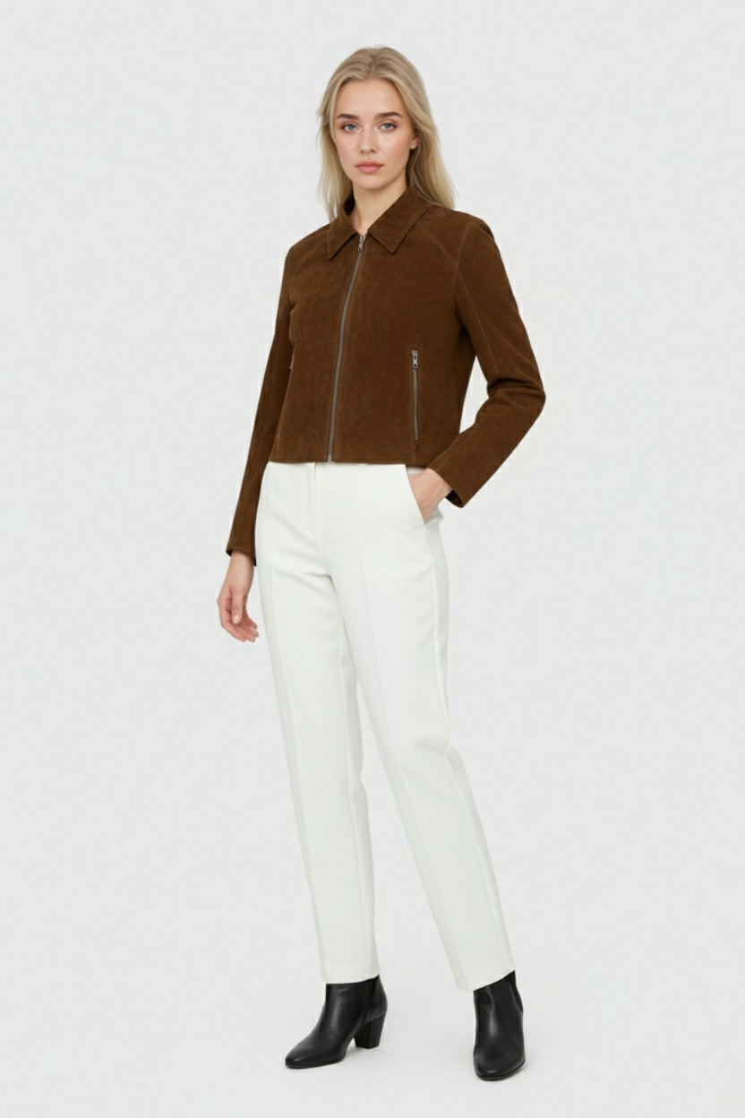 Giacca Zip Effetto Suede | Fit Cropped, Collo a Punta, Tasche Zip