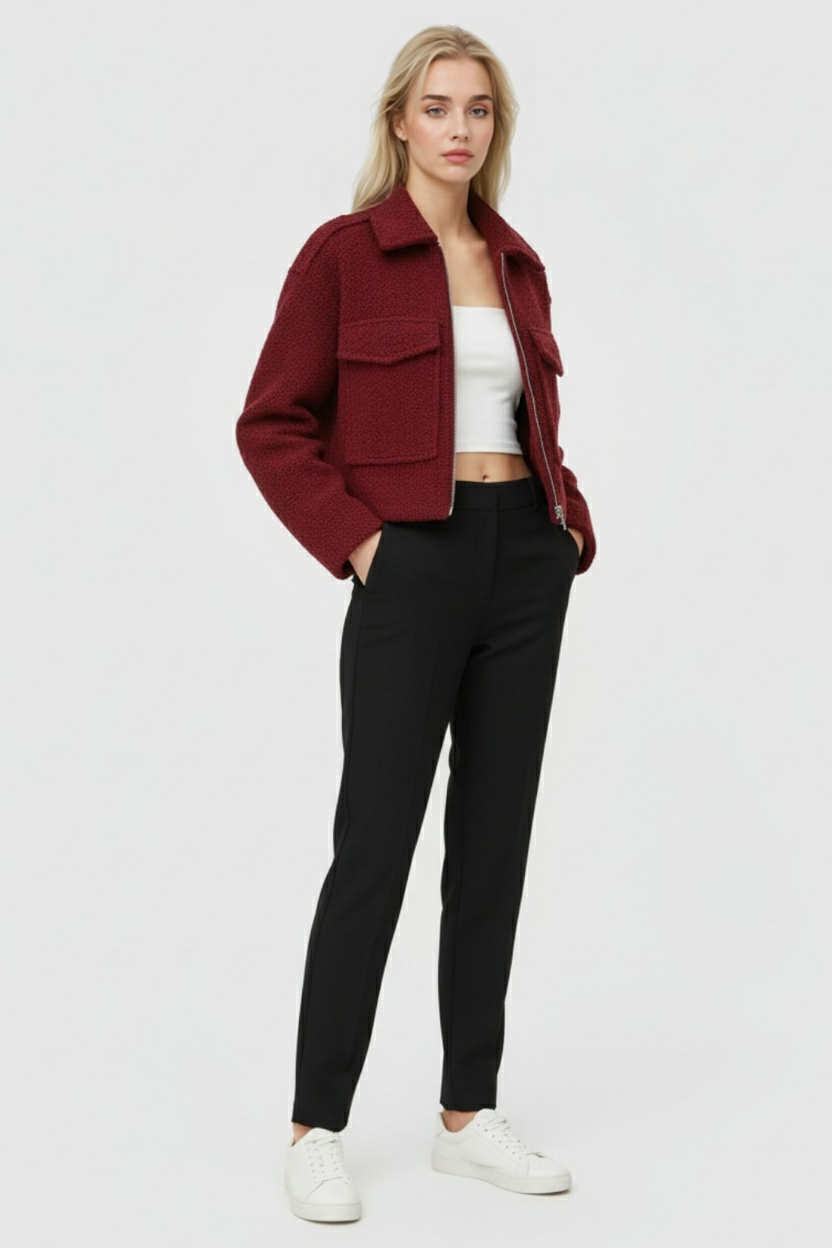 Giacca Zip Tessuta | Collo Alto, Tasche a Falda, Fit Corto