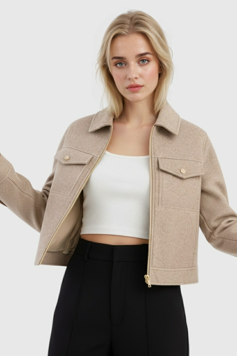 Giacca Zip Morbida | Shacket con Collare, Tasche a Falda