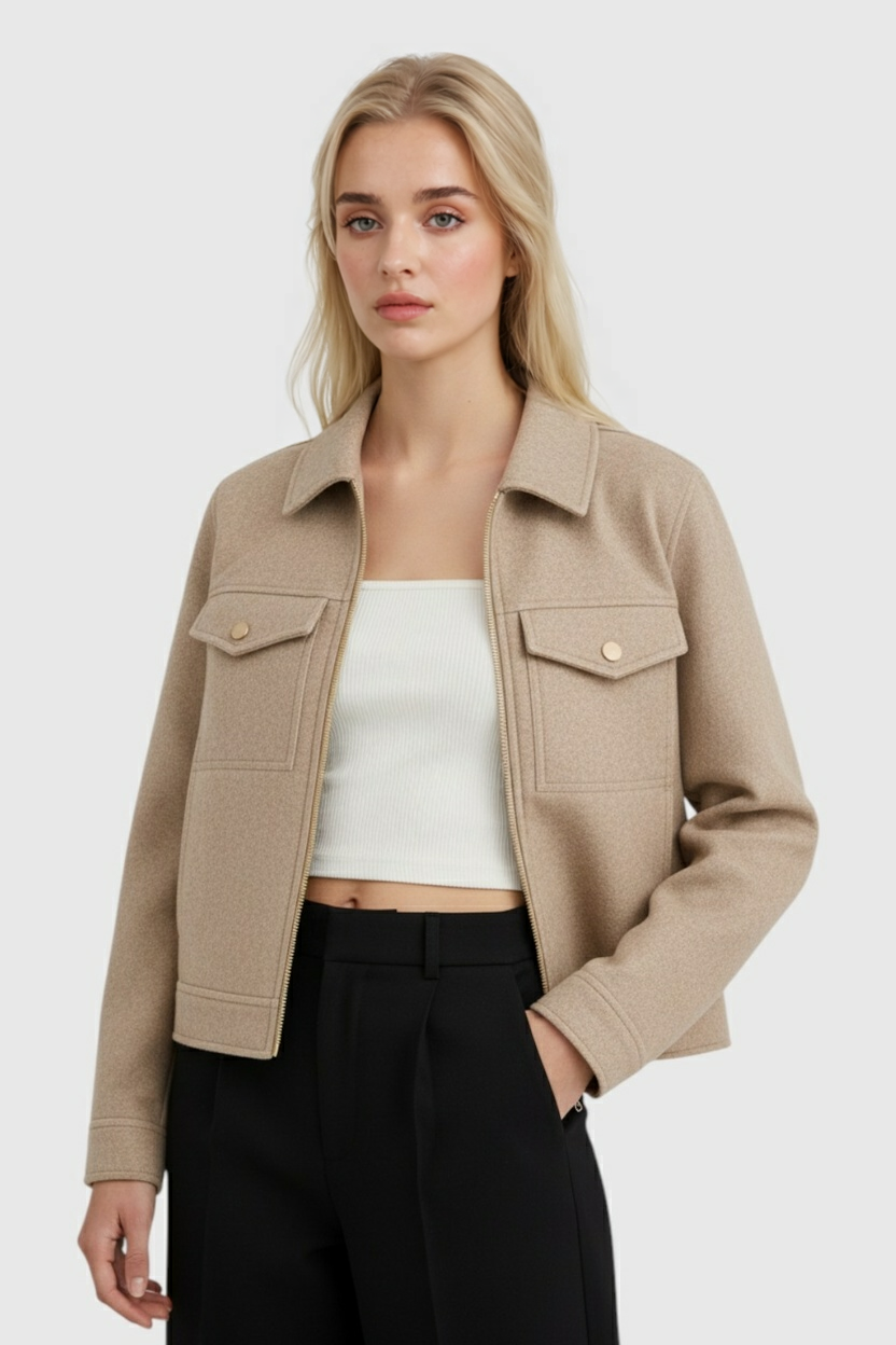 Giacca Zip Morbida | Shacket con Collare, Tasche a Falda