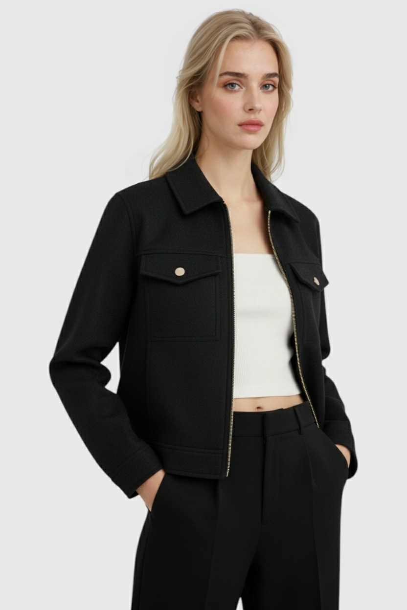 Giacca Zip Morbida | Fit Cropped, Colletto, Tasche a Faldita