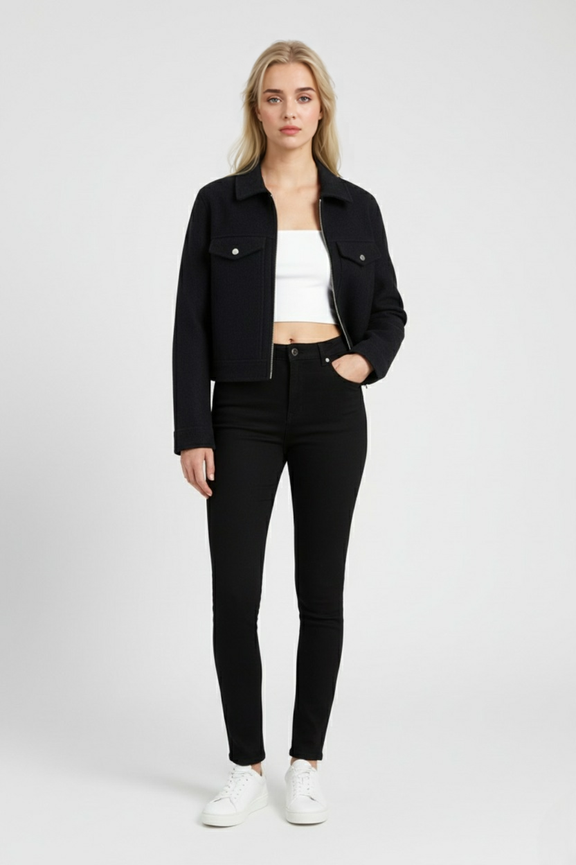 Giacca zip morbida cropped con colletto e tasche a faldita