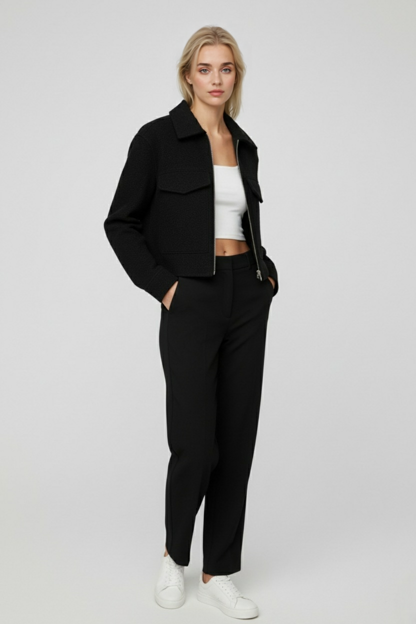 Giacca zip tessurizzata nera con collo alto e tasche