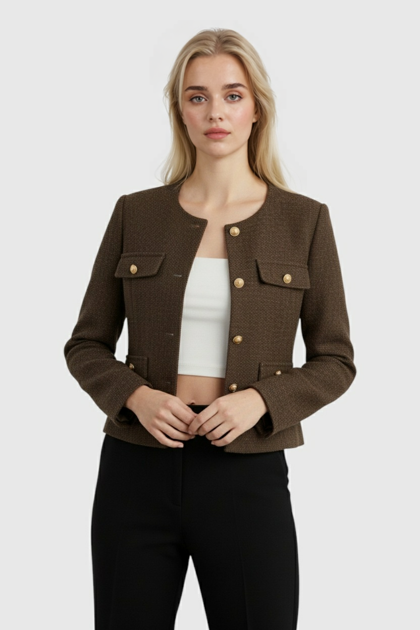 Giacca Cropped | Collo Tondo, Patte, Regular Fit