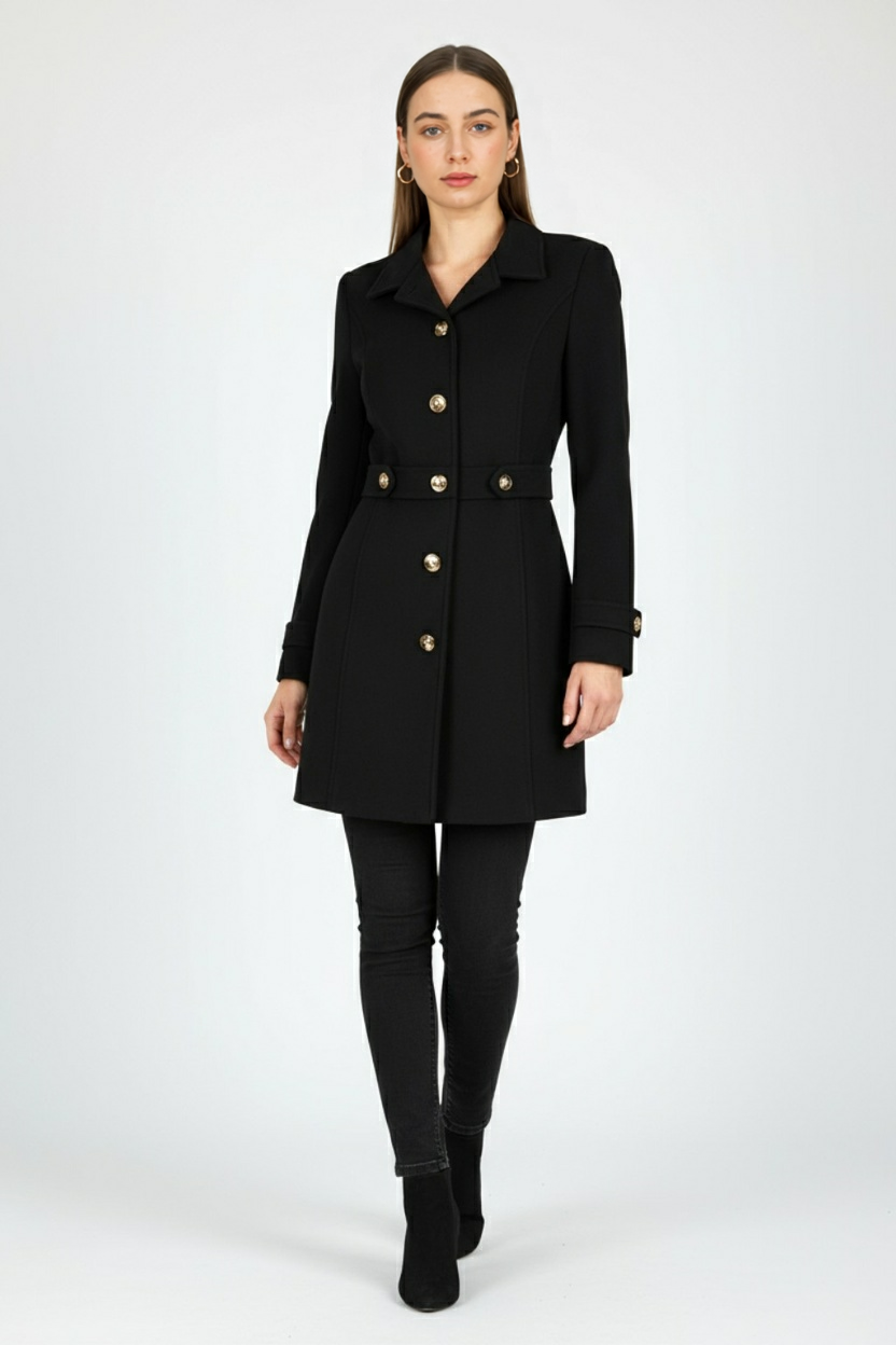 Cappotto Medio con Cintura | Bottoni Oro, Collo Scollo a V, Slim Fit