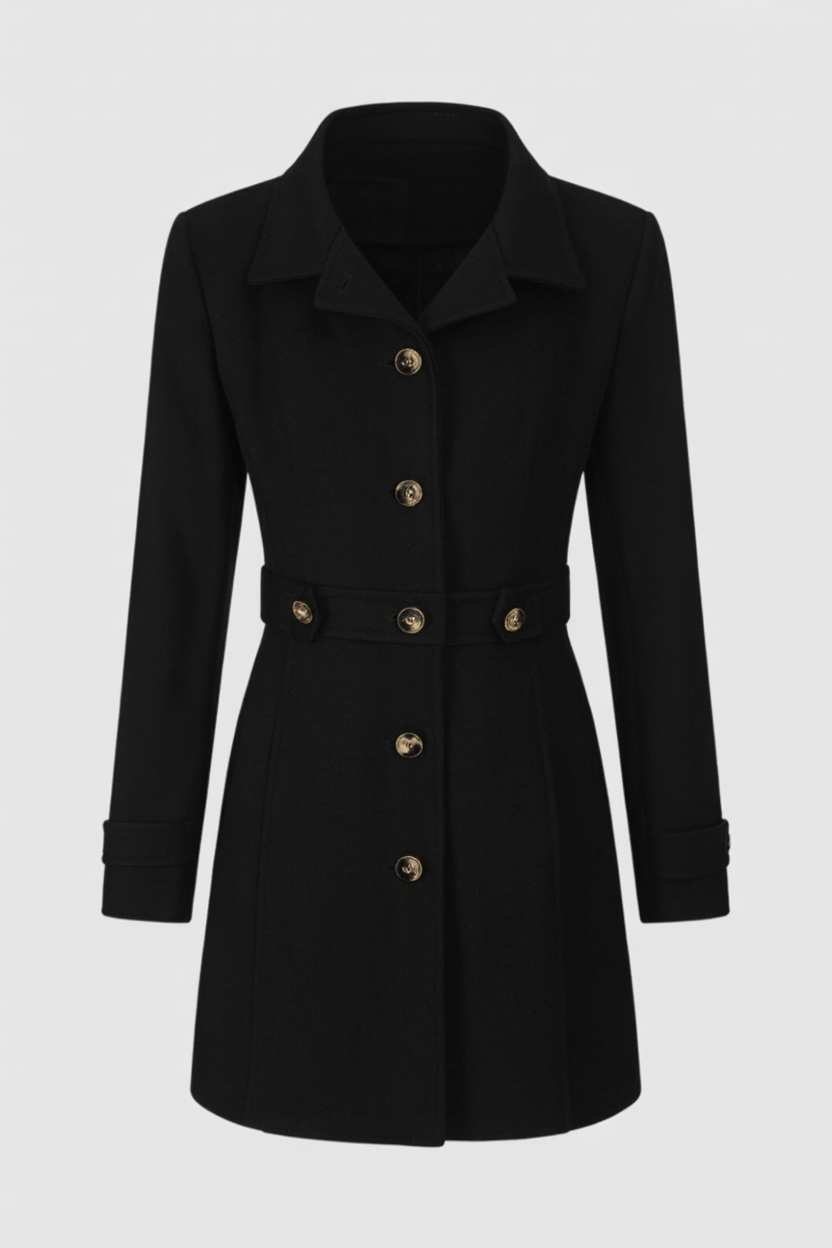 Cappotto Medio con Cintura | Bottoni Oro, Collo Scollo a V, Slim Fit