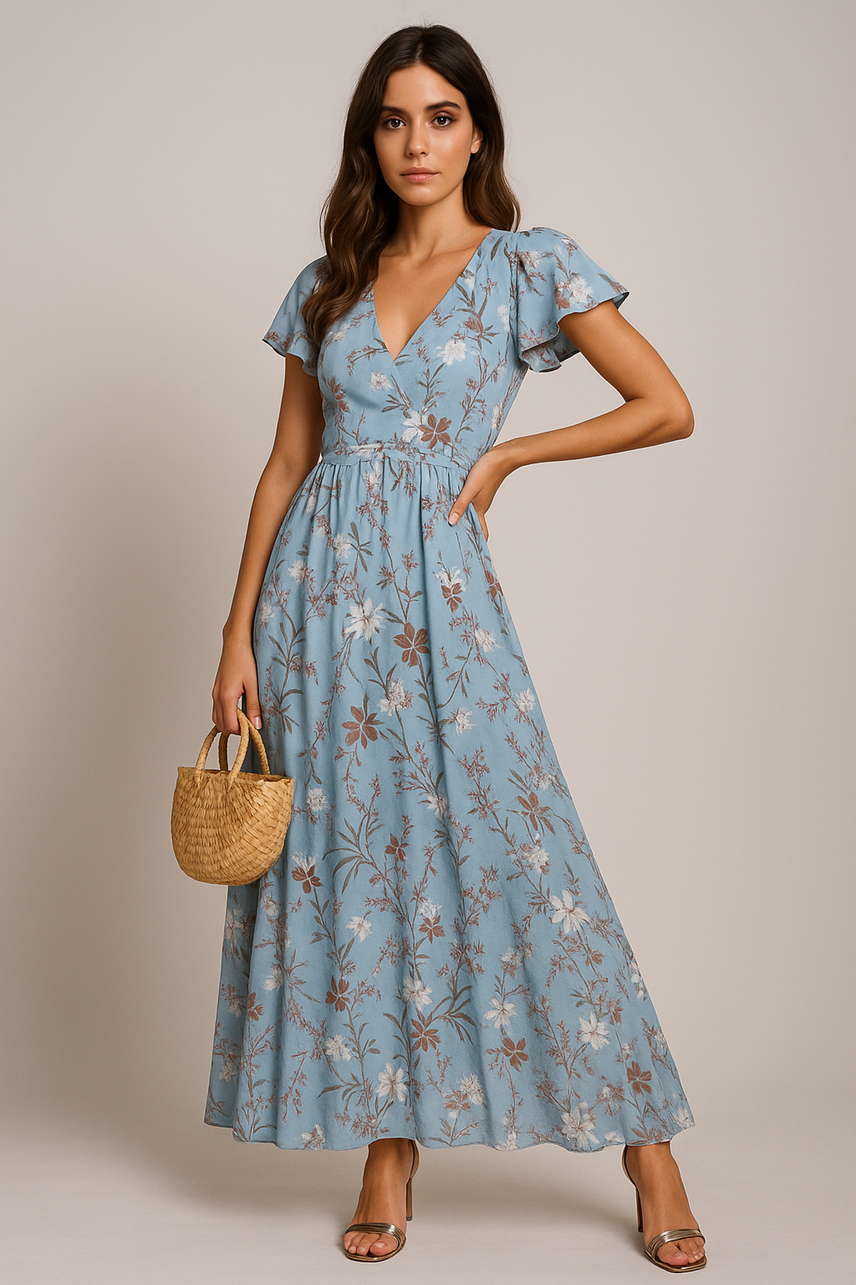 Abito maxi floreale con scollo a V e maniche a farfalla